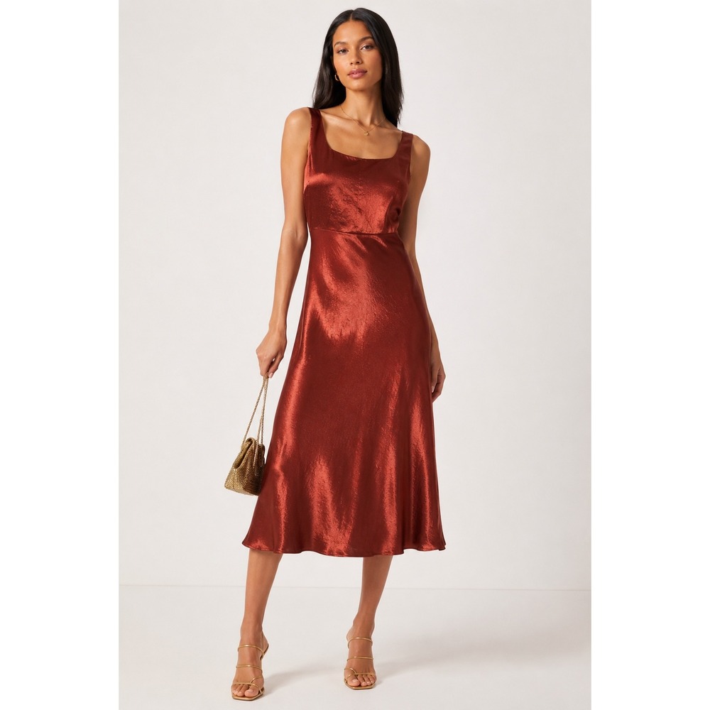 Vince Rust Red Hammered Satin Midi Dress Square Neck Sleeveless‎ Size 6 Bias